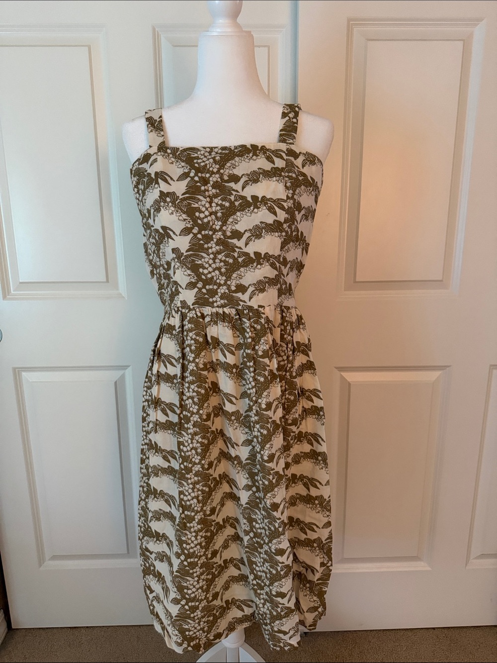Kate Quinn Organic CottonCream Midi Dress with Olive Botanical Print